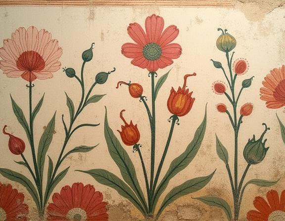Dettaglio di un affresco romano raffigurante piante e fiori. 
