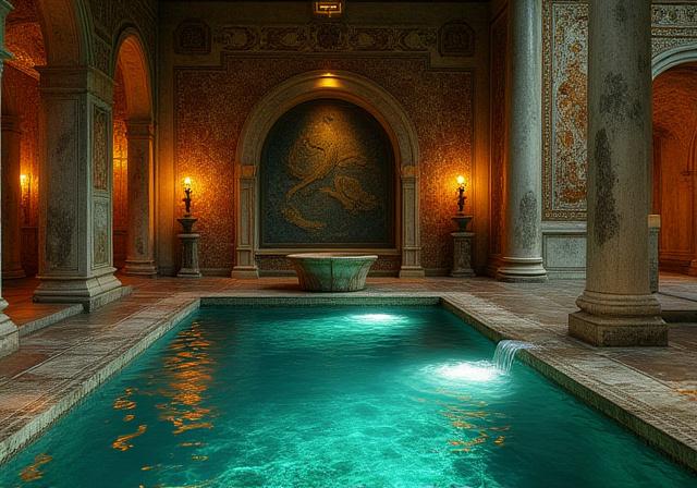 Ricostruzione di un ninfeo con mosaici e giochi d'acqua.