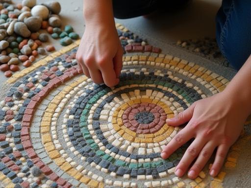 Mani artigiane che compongono un mosaico romano.